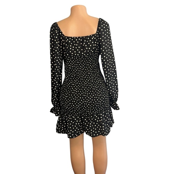 Express Long Sleeve Smocked Black Polka Dot Dress - Picture 9 of 12